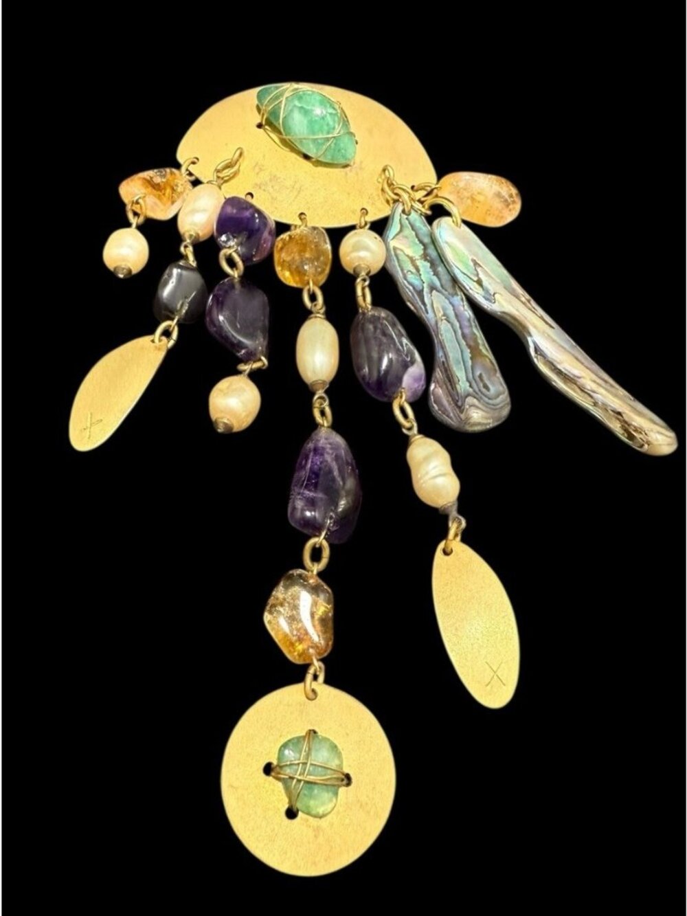 Artisan Modernist Multi Gemstone Brooch Gold Statement Dangle Drop 6”